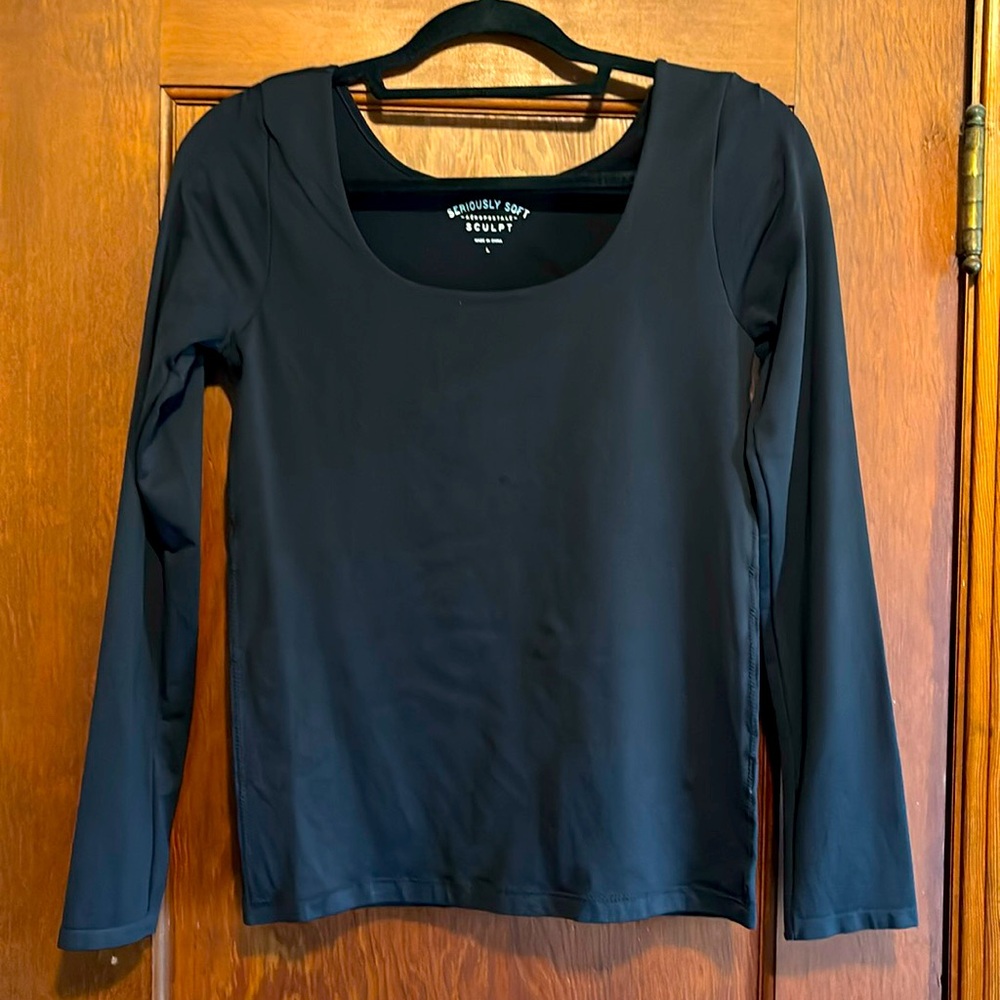AP black fitted top with scoop neck, thick material.